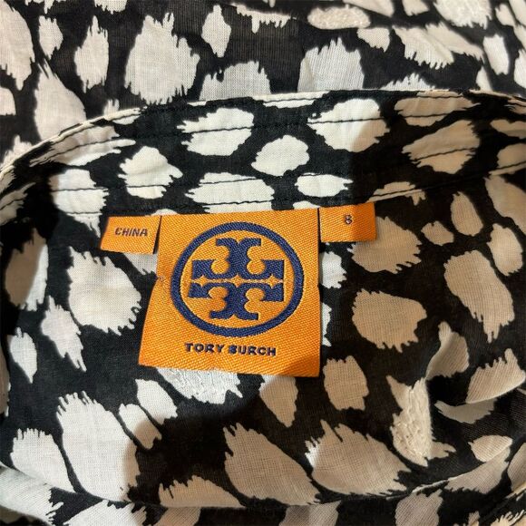 Tory Burch Women's Tunic Blouse Size 8 Black Animal Print V-Neck - Picture 4 of 5